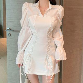 Long-sleeve Lace Up Mini Collared Dress