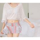 Set: Printed Bikini + Swim Skirt + Elbow-sleeve Lace Cover-up