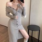 Long-sleeve Button Midi Bodycon Dress