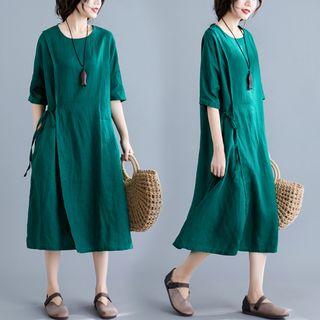 Side Tie Elbow-sleeve Midi Dress Green - One Size