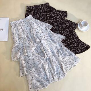 Asymmetric Patterned Midi Tiered Skirt