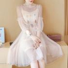 Set: Mesh 3/4-sleeve A-line Dress + Slipdress