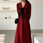 Contrast Trim Collared Long-sleeve Midi A-line Dress
