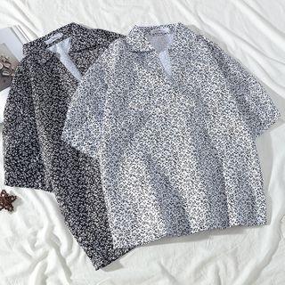 Flower Print Collared Short-sleeve T-shirt