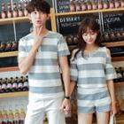 Couple Matching Striped Short Sleeve T-shirt / Cut Out Shoulder Elbow Sleeve T-shirt / Shorts