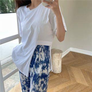Elbow-sleeve T-shirt / Print Wide Leg Pants