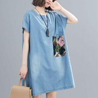 Short-sleeve Printed Panel Denim A-line Dress As Shown In Figure - One Size