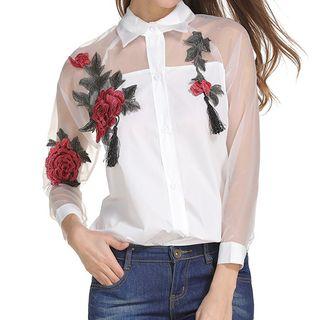 Rose Embroidered Mesh Panel Shirt