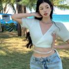Short-sleeve V-neck Plain Furry Knit Lace Up Crop Top White - One Size