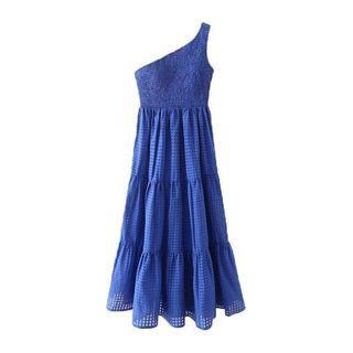 Sleeveless One-shoulder Check Midi A-line Dress