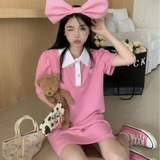 Printed Color Block Polo Dress Pink - One Size