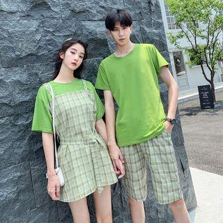 Couple Matching Mock Two-piece Elbow-sleeve T-shirt Dress / Plain Short-sleeve T-shirt / Plaid Shorts