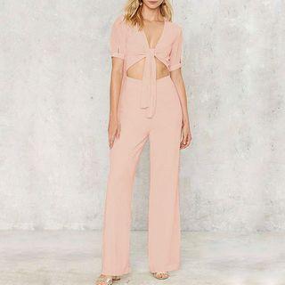 Deep Plunge Knotted Short-sleeve Jumpsuit