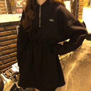 Half-zip Mini A-line Hoodie Dress Black - One Size