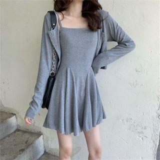 Plain Cardigan / Spaghetti Strap Plain Mini Dress