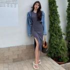 Short-sleeve Shirred Sheath Dress / Cropped Denim Jacket