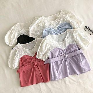 Mock Two-piece Color-block Crewneck Puff-sleeve Top With Belt