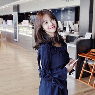 Long Slit-sleeve Tie-detail Mini Dress With Sash