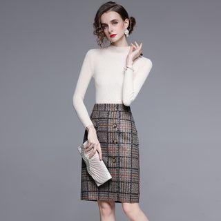Set: Mock-neck Knit Top + Plaid Buttoned Skirt