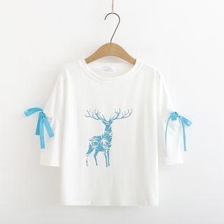 Ribbon Deer Print Elbow-sleeve T-shirt