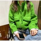 Long-sleeve Plain Knit Zip Jacket Green - One Size