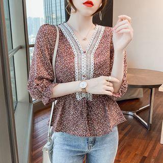 Elbow-sleeve Lace Trim Floral Print Peplum Top
