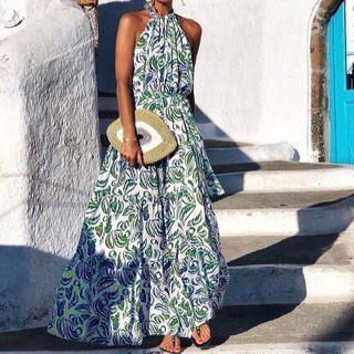 Halter Leaf Print Maxi Sundress