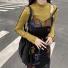 Contrast Trim Long-sleeve Plain Top / Printed Pinafore Dress