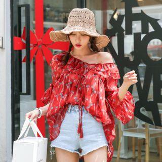 Tasseled Ruffle-neck Floral Chiffon Top