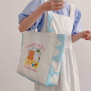 Bear Print Canvas Tote Bag White & Blue - One Size