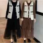 Long-sleeve Mesh Panel Midi Dress / Tweed Vest
