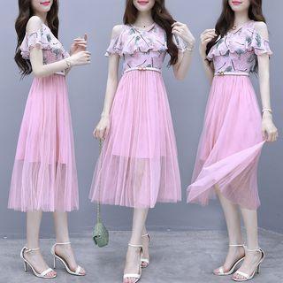 Print Cold-shoulder A-line Chiffon Dress
