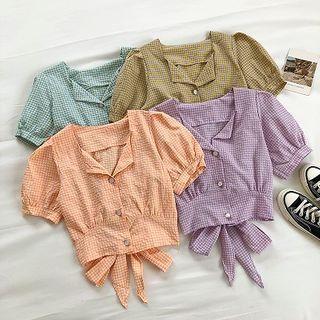 Short-sleeve Checked Buttoned Crop Top