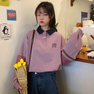 Cartoon Embroidered Polo-neck Sweatshirt