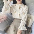 Floral Embroidered Frill Collar Blouse White - One Size