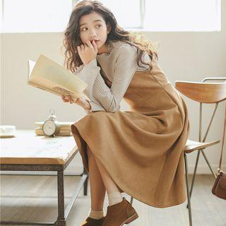 Set: Mock-neck Long-sleeve T-shirt + V-neck Spaghetti Strap A-line Dress