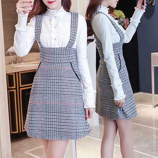 Set: Long-sleeve Blouse + Plaid Sleeveless Dress
