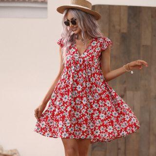 Floral Ruffle-trim V-neck Ruched Chiffon A-line Dress