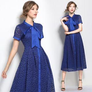 Contrast-trim Bow-accent Lace A-line Dress
