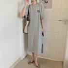 Elbow-sleeve Lettering Midi A-line Dress