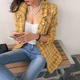 Check Fray-edge Tweed Blazer