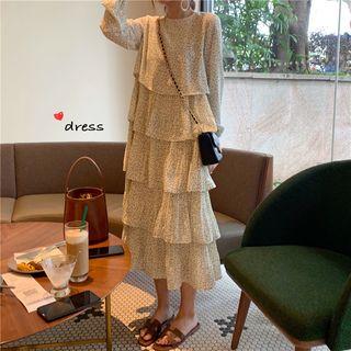Long-sleeve Floral Tiered Midi Dress As Shown In Figure - One Size