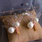 Set: Bridal Faux Pearl Star Hair Clip + Clip-on Dangle Earring White - One Size