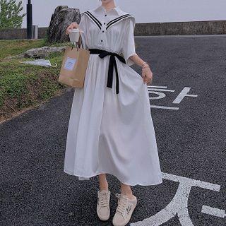 Short Sleeve Sailor Collar Midi A-line Shirtdress