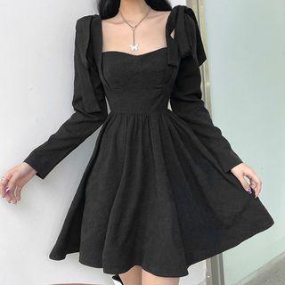 Long-sleeve Tie-shoulder Mini A-line Dress