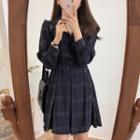 V-neck Long-sleeve Plaid A-line Dress