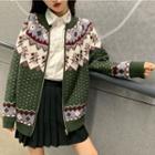 Patterned Zip Cardigan Green - One Size