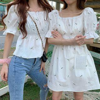 Short-sleeve Embroidered Blouse / Mini A-line Dress