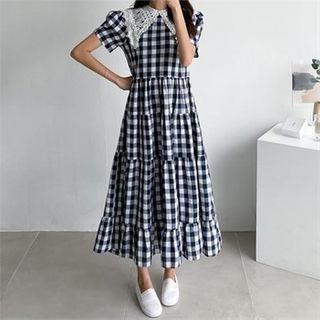 Crochet-collar Gingham Tiered Dress