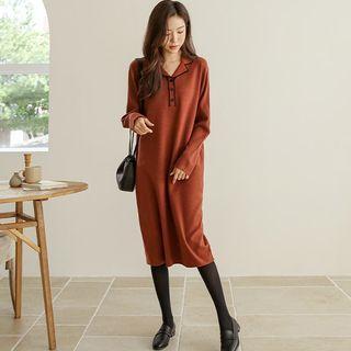 Piped Slit-cuff Midi Knit Dress